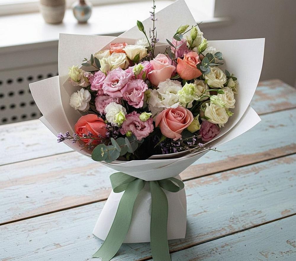 Букет цветов из: Розы, Лизиантусы и Гвоздики в Васильково