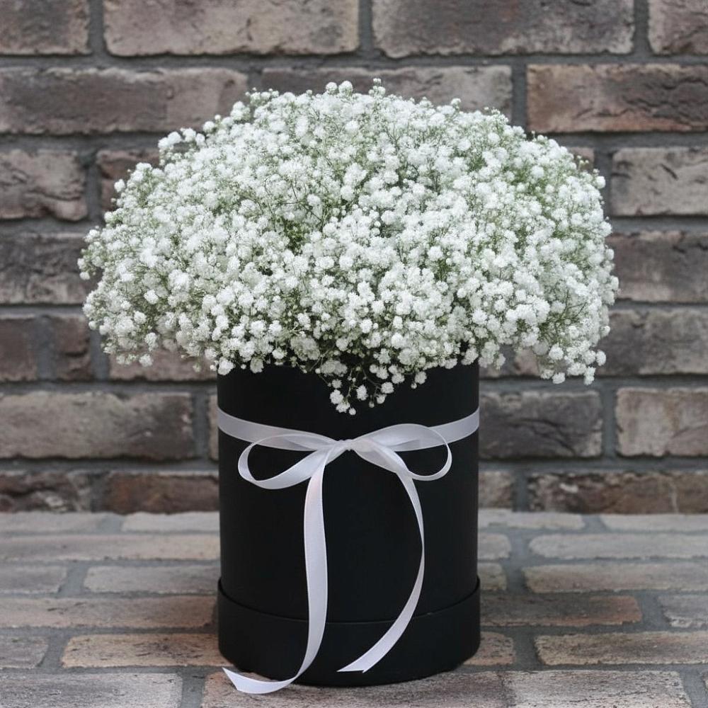 Цветочная композиция из Гипсофила в шляпной коробке в Васильково