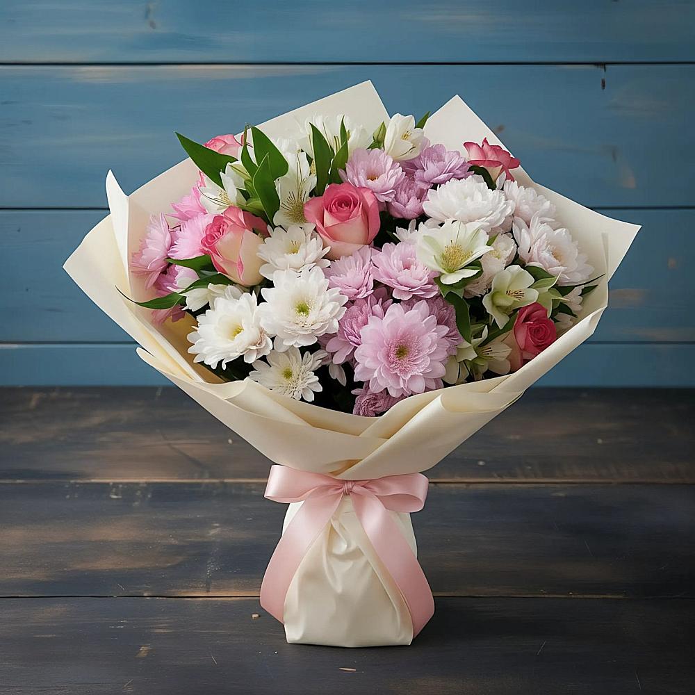 Букет цветов из: Хризантемы, Альстромерии и Розы в Васильково